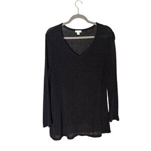 J. Jill Black Open Knit Linen Blend V-Neck Long Sleeve Lightweight Sweater L